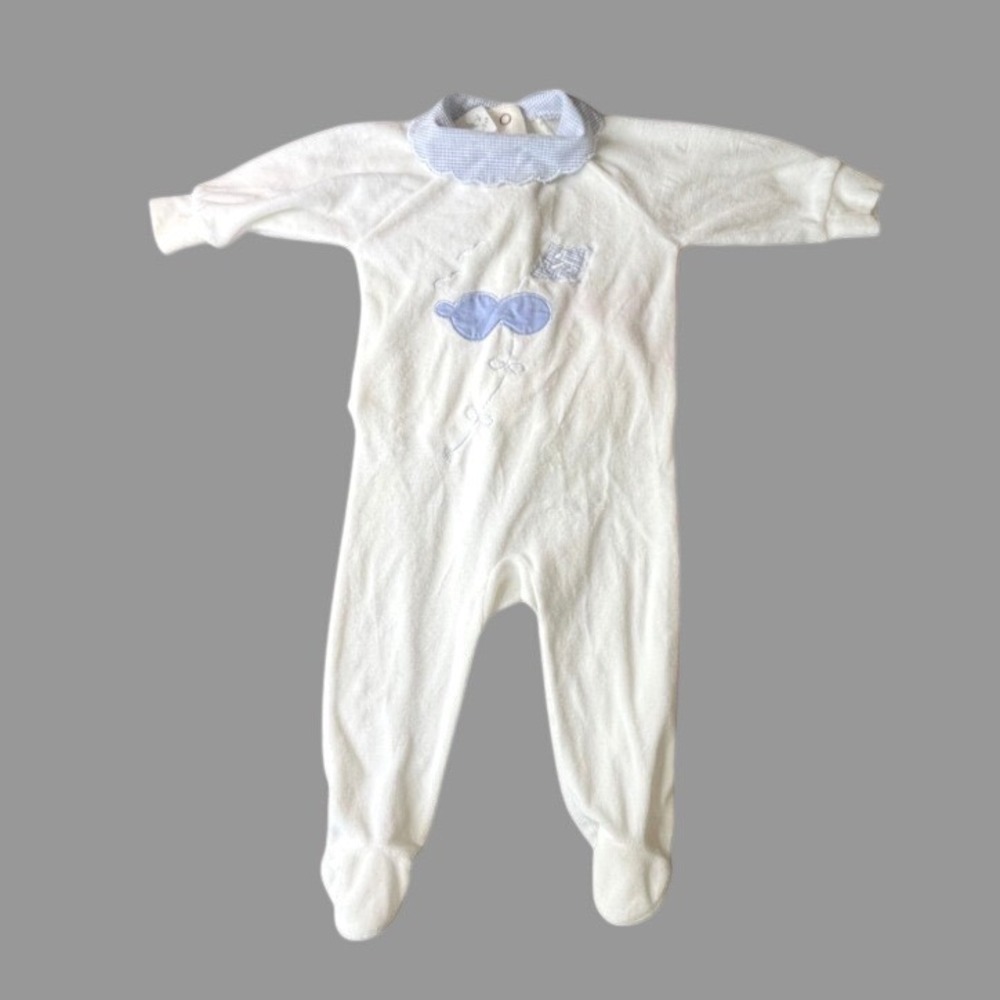 Vintage PANDA Brand Velour Footed Pajamas Sleeper BLUE CHECK Trim sz 3-Months